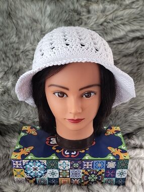 Handmade White Crochet Bucket Hat